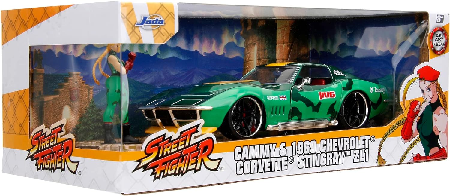 Jada- Street Fighter II, Cammy Chevrolet 1969 Corvette, Escala 1:24 , en Metal, Giro de Ruedas, Apertura de Puertas y Figura de Cammy (253255061)