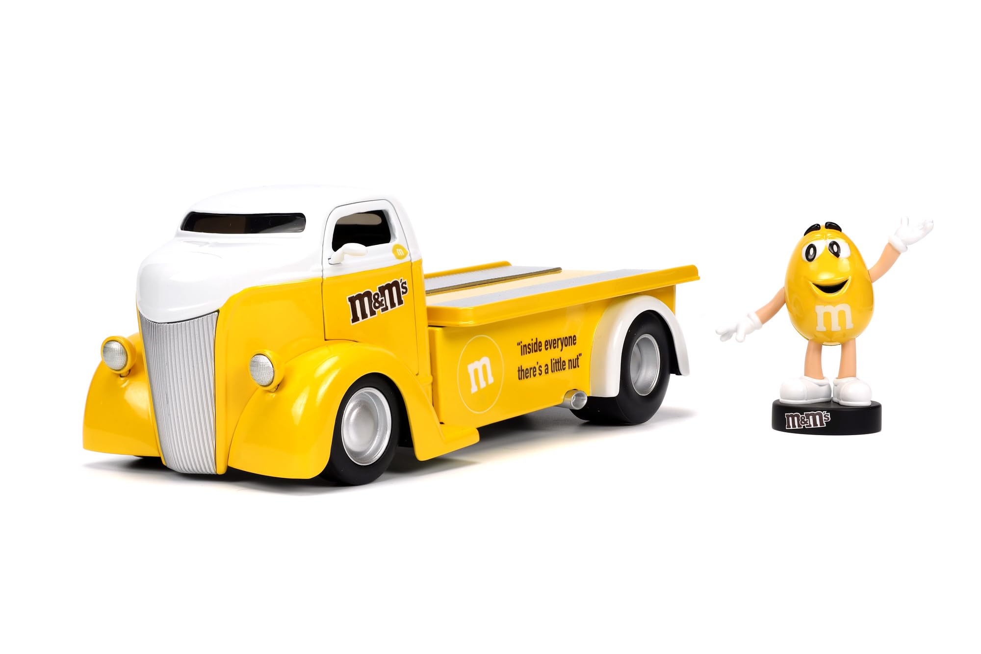 Jada Toys M&Ms Figur Yellow mit 1947er Ford COE Flatbed - Spielzeug-Set aus Modellauto und gelber M&M`s Figur, dekorativer Fanartikel aus Metall für Sammler & Schokoladen-Liebhaber, 18 cm
