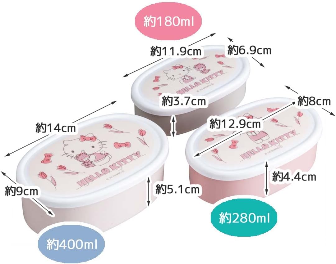 Skater SRS3SAG-A Hello Kitty Line Design Lunch Box, 28.9 ml (860 ml), Set of 3, Sealing Containers, Made in Japan