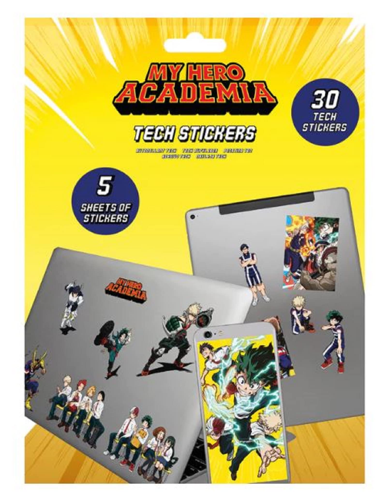 My Hero Academia Tech Stickers, Set of 30 Anime Stickers for Laptops, Mobile Phones and Tablets, Device Stickers for Children, Stickers for Adults - Official Merchandise