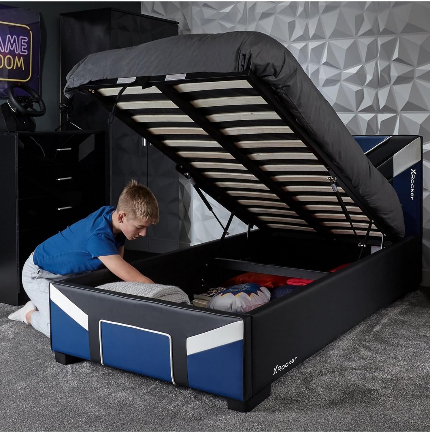 X-Rocker Cerberus Ottoman Gaming-Bett, Einzelbett, 91 cm, Blau Blau Einzelbett