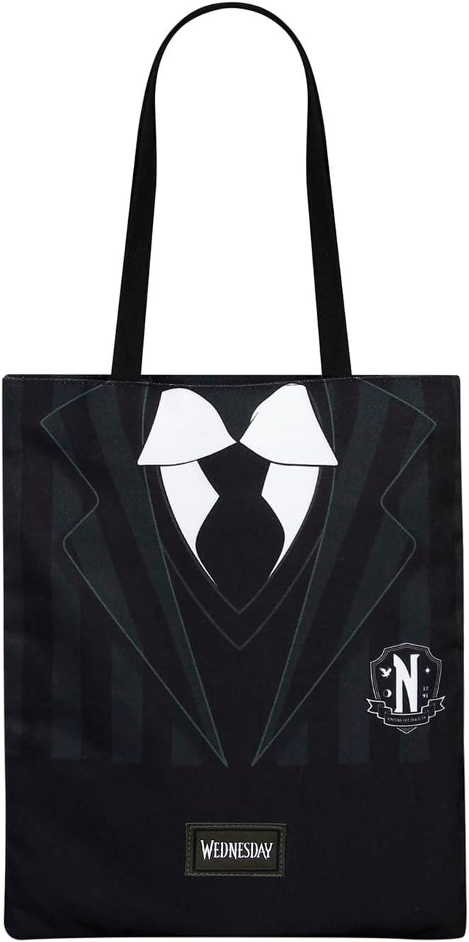 Wednesday Mercoledì Uniform-Borsa della Spesa Shopping Bag, Nero, 34 x 40 cm