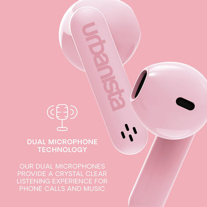 Urbanista True Wireless Earbuds, Bluetooth 5.3 Earphones, IPX4 In Ear Headphones, Ear Buds with Dual Microphones, 20 Hr Playtime, Touch Controls, TWS USB C Charging Case, Austin, Pink
