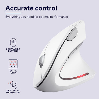 Trust Verto Wireless Ergonomic Mouse, Vertical Mouse with Storable USB Micro-receiver, Reduces Arm Strain, 800-1600 DPI, 6 Buttons, for Right Hand Users, PC, Laptop, Mac, Batteries Included