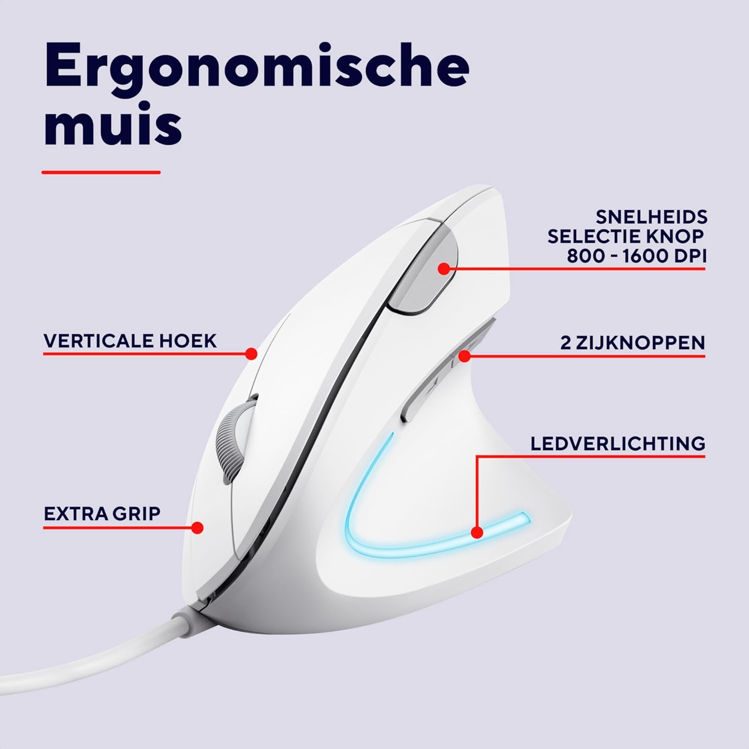 Trust Verto Wired Ergonomic Mouse, Vertical Mouse with LED Illumination, Reduces Arm Strain, 1000-1600 DPI, 6 Buttons, for Right Hand Users, 1.5m USB Cable, Computer Mouse for PC, Laptop. Mac