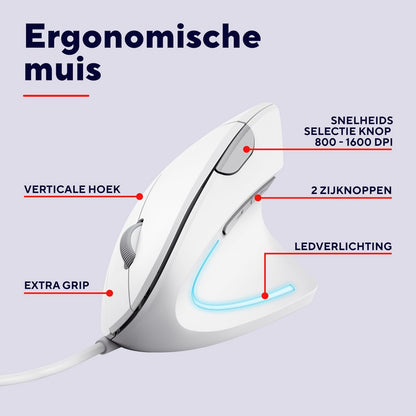 Trust Verto Wired Ergonomic Mouse, Vertical Mouse with LED Illumination, Reduces Arm Strain, 1000-1600 DPI, 6 Buttons, for Right Hand Users, 1.5m USB Cable, Computer Mouse for PC, Laptop. Mac
