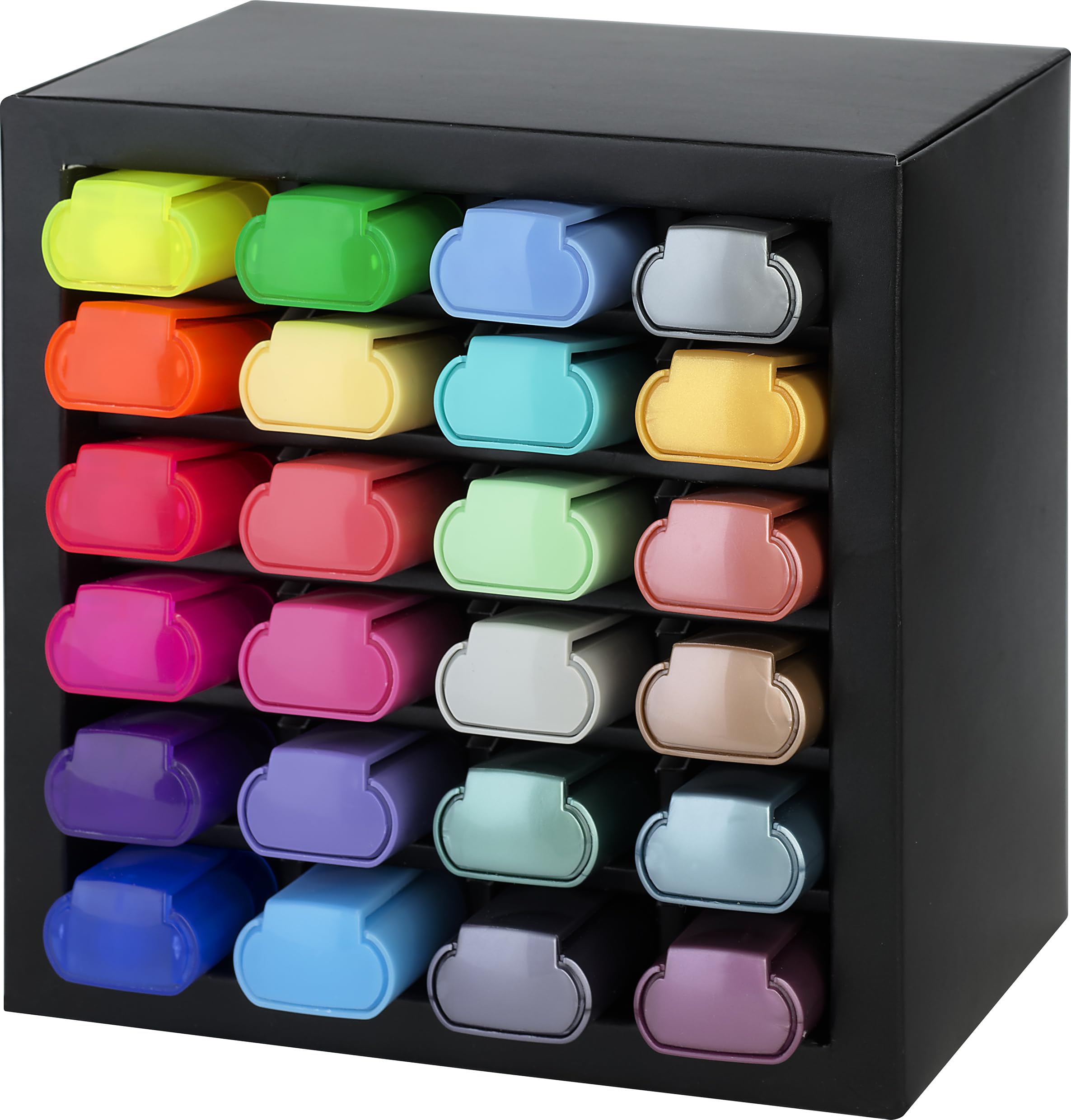 Faber-Castell 254602 Juego de 24 Subrayadores en un Elegante Organizador de Escritorio, Subrayadores Pastel, Metálicos y Neón con Punta Biselada de Precisión, Diseño Plano Ergonómico