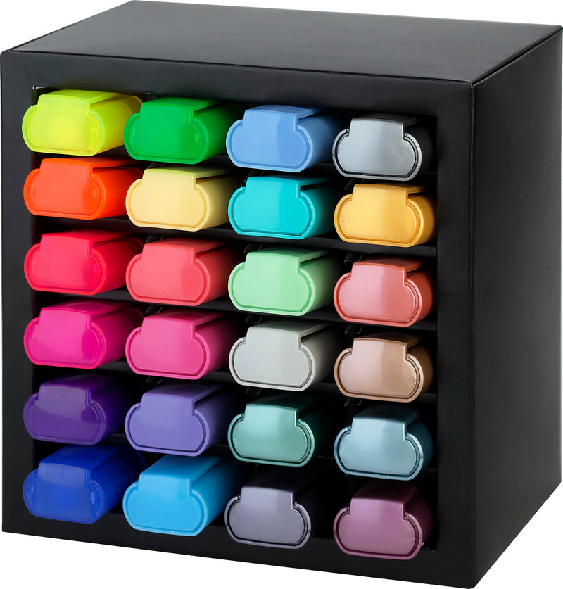 Faber-Castell 254602 Juego de 24 Subrayadores en un Elegante Organizador de Escritorio, Subrayadores Pastel, Metálicos y Neón con Punta Biselada de Precisión, Diseño Plano Ergonómico