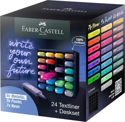Faber-Castell 254602 Juego de 24 Subrayadores en un Elegante Organizador de Escritorio, Subrayadores Pastel, Metálicos y Neón con Punta Biselada de Precisión, Diseño Plano Ergonómico
