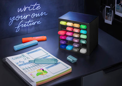 Faber-Castell 254602 Juego de 24 Subrayadores en un Elegante Organizador de Escritorio, Subrayadores Pastel, Metálicos y Neón con Punta Biselada de Precisión, Diseño Plano Ergonómico