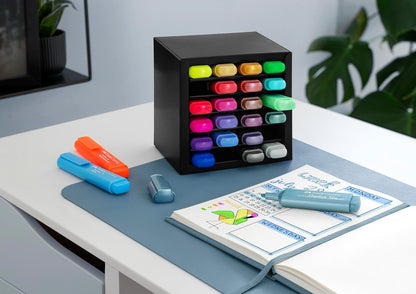 Faber-Castell 254602 Juego de 24 Subrayadores en un Elegante Organizador de Escritorio, Subrayadores Pastel, Metálicos y Neón con Punta Biselada de Precisión, Diseño Plano Ergonómico