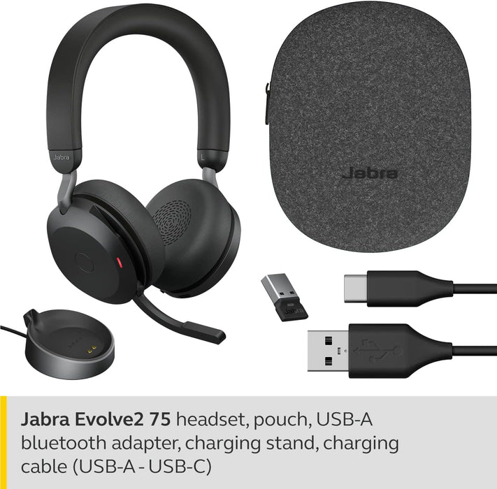 Jabra Evolve2 75 - Headset - On-Ear - Bluetooth - Wireless - Active Noise Cancelling - Usb-A - Noise Isolating - Black -