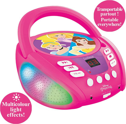 Lexibook Disney Princesa-Lector de CD Bluetooth para niños – Portátil, Efectos Multicolores, Entrada para micrófono, AUX IN, AC o Funciona con batería, RCD109DP, Color Rosa, M