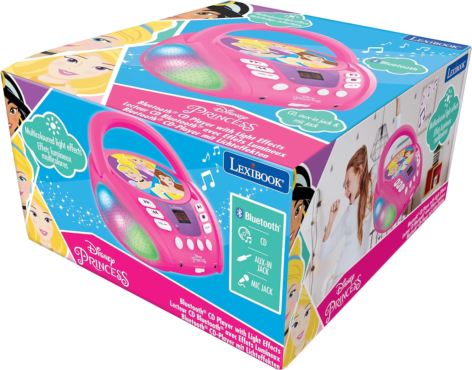 Lexibook Disney Princesa-Lector de CD Bluetooth para niños – Portátil, Efectos Multicolores, Entrada para micrófono, AUX IN, AC o Funciona con batería, RCD109DP, Color Rosa, M