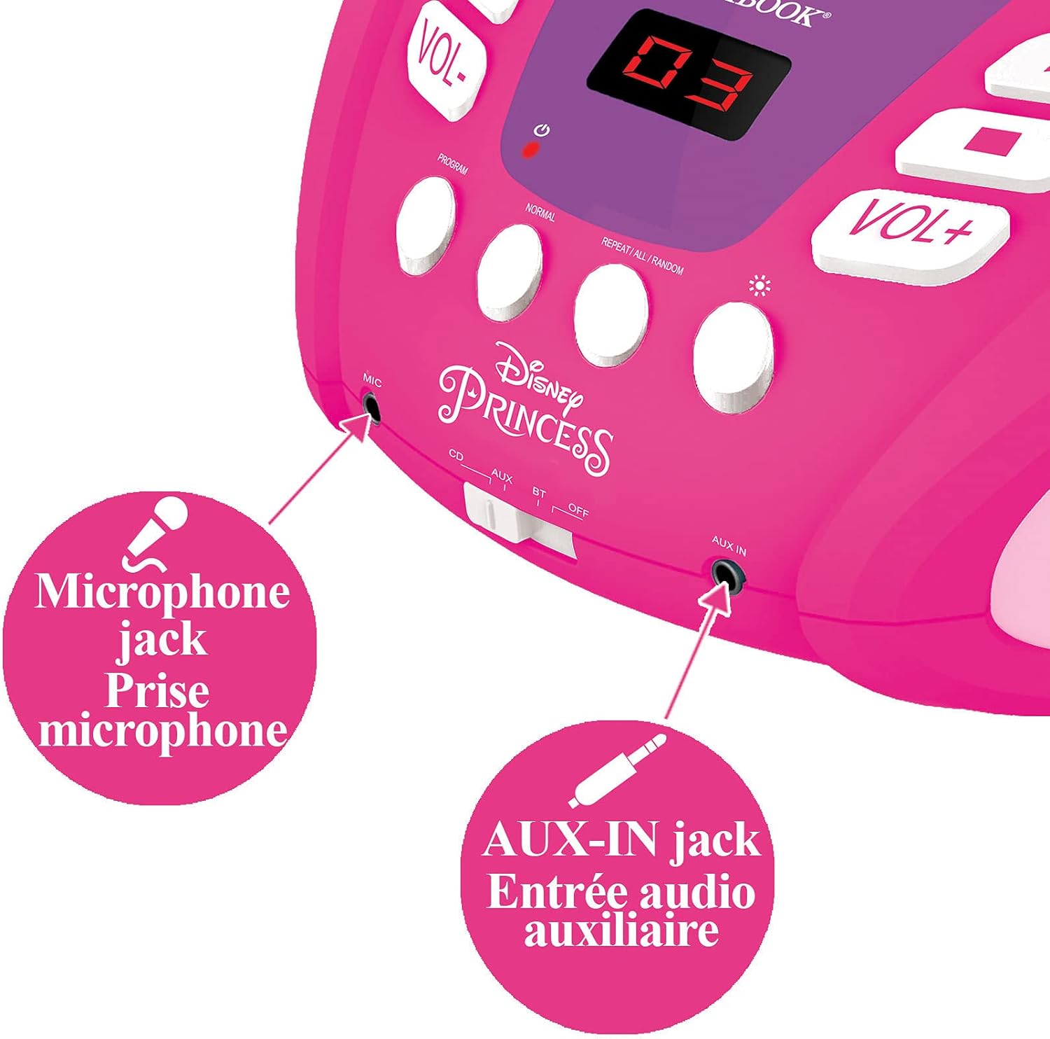 Lexibook Disney Princesa-Lector de CD Bluetooth para niños – Portátil, Efectos Multicolores, Entrada para micrófono, AUX IN, AC o Funciona con batería, RCD109DP, Color Rosa, M