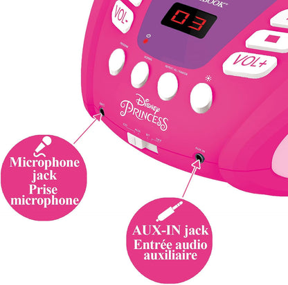 Lexibook Disney Princesa-Lector de CD Bluetooth para niños – Portátil, Efectos Multicolores, Entrada para micrófono, AUX IN, AC o Funciona con batería, RCD109DP, Color Rosa, M
