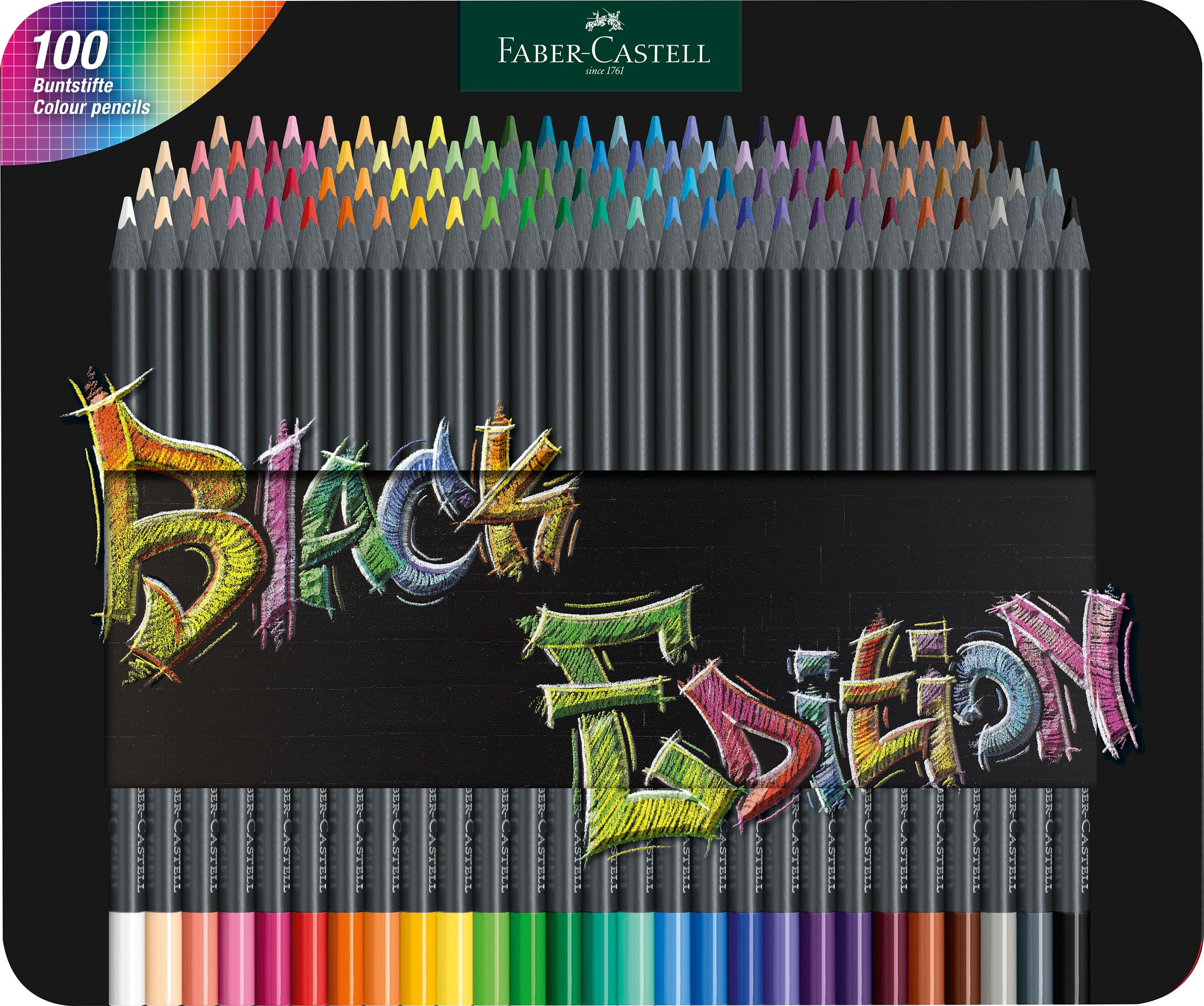 Faber-Castell Black Edition 116490 Colouring Pencils, 100 Metal Case, Shatterproof, for Children and Adults