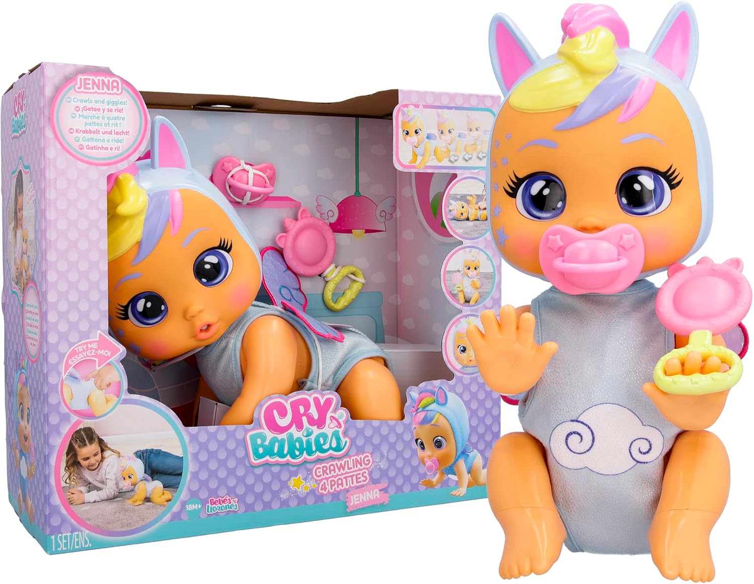 Cry Babies Crawling Jenna, Bambola Interattiva Crawling Jenna Gattona Davvero e Riproduce Realistici Suoni di Bebè Piange Lacrime Vere Quando Perde il Ciuccio, Giocattolo Bambine e Bambini +18 Mesi