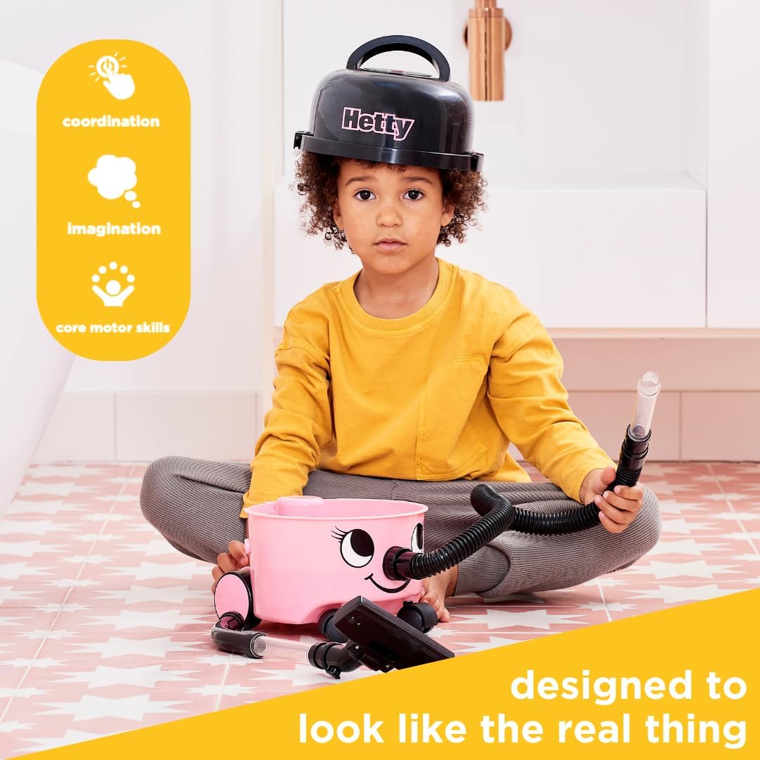 Casdon Henry & Hetty Toys - Hetty Vacuum Cleaner - Pink Vacuum Cleaner Toy with Real Function & Nozzle Accessories - Kids Cleaning Set - For Children Aged 3+ Single