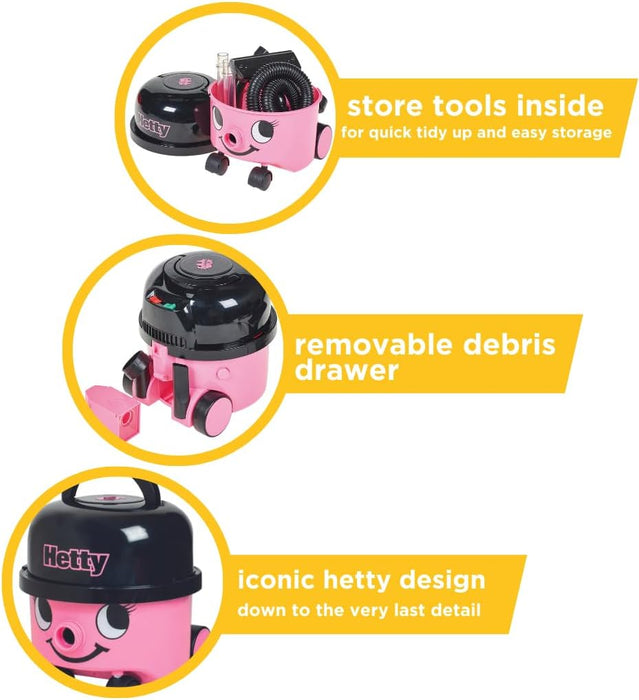 Casdon Henry & Hetty Toys - Hetty Vacuum Cleaner - Pink Vacuum Cleaner Toy with Real Function & Nozzle Accessories - Kids Cleaning Set - For Children Aged 3+