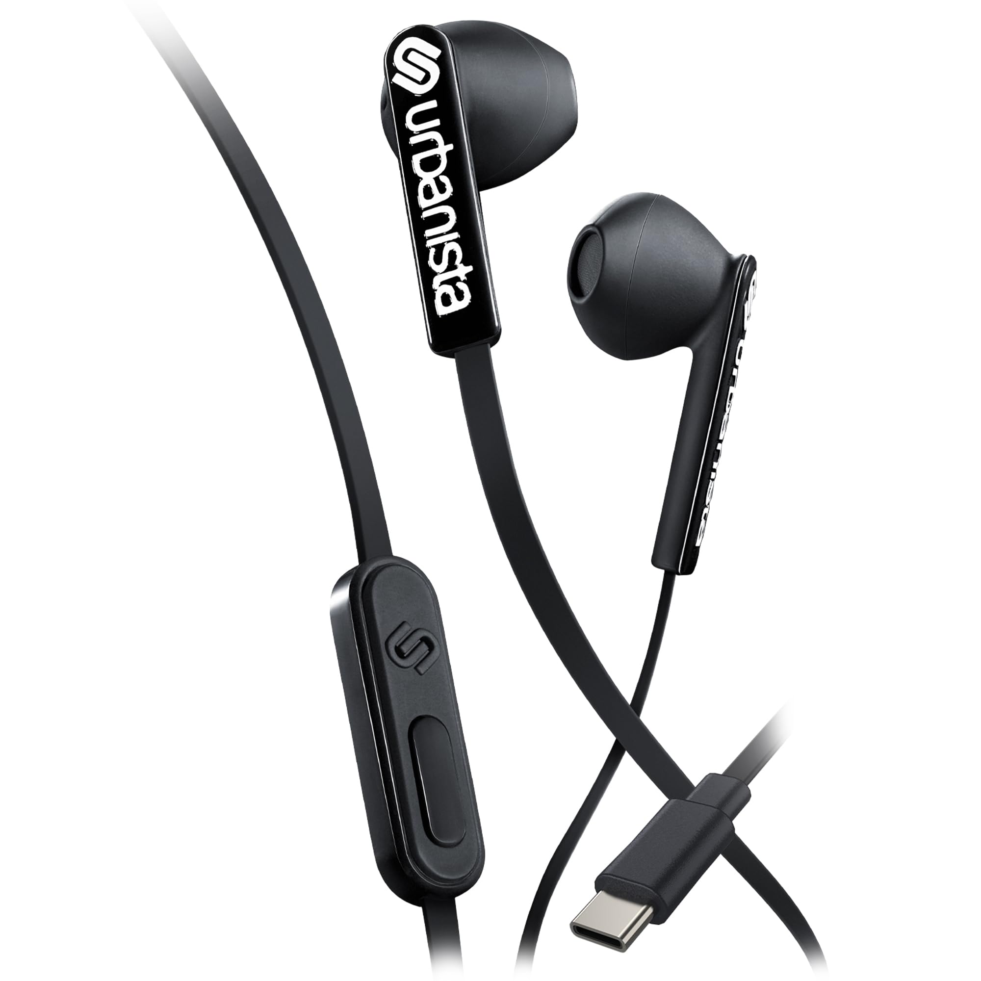 Urbanista Wired Earbuds, Tangle Free USB C Earphones Wired Call-Handling with Microphone, USB Type C Headphones Wired Stereo Input, Button Input with Voice Assistant, San Francisco, Black