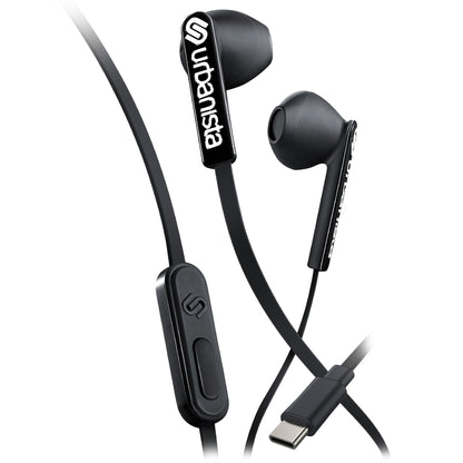 Urbanista Wired Earbuds, Tangle Free USB C Earphones Wired Call-Handling with Microphone, USB Type C Headphones Wired Stereo Input, Button Input with Voice Assistant, San Francisco, Black