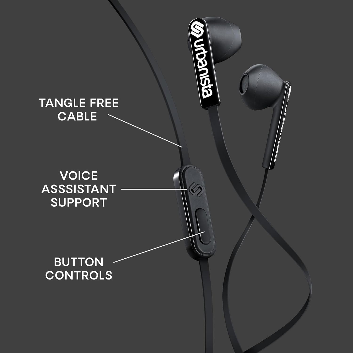 Urbanista Wired Earbuds, Tangle Free USB C Earphones Wired Call-Handling with Microphone, USB Type C Headphones Wired Stereo Input, Button Input with Voice Assistant, San Francisco, Black