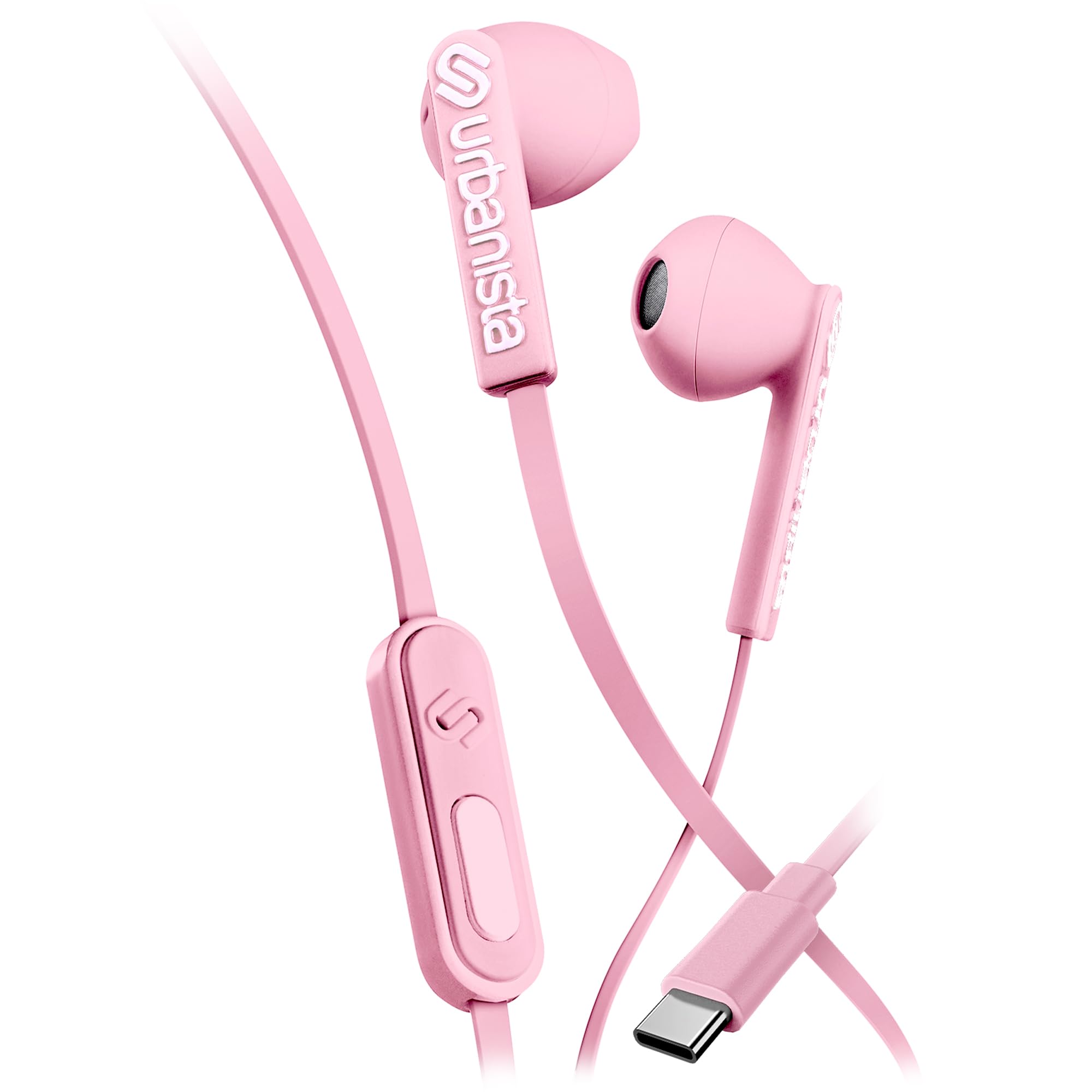Urbanista Wired Earbuds, Tangle Free USB C Earphones Wired Call-Handling with Microphone, USB Type C Headphones Wired Stereo Input, Button Input with Voice Assistant, San Francisco, Pink