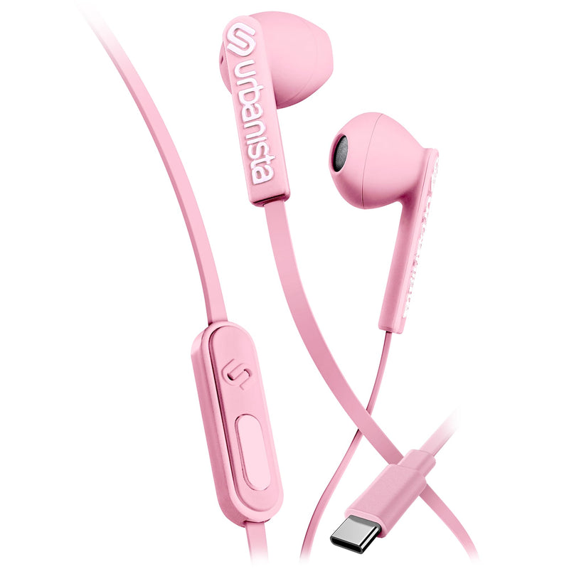 Urbanista Wired Earbuds, Tangle Free USB C Earphones Wired Call-Handling with Microphone, USB Type C Headphones Wired Stereo Input, Button Input with Voice Assistant, San Francisco, Pink