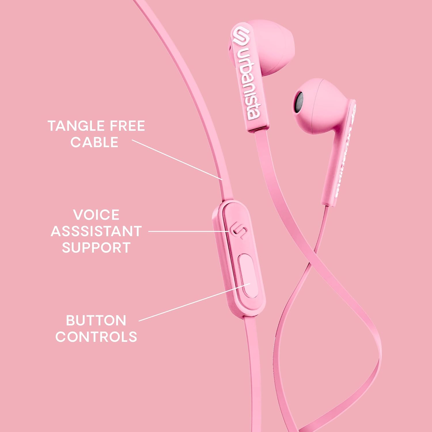 Urbanista Wired Earbuds, Tangle Free USB C Earphones Wired Call-Handling with Microphone, USB Type C Headphones Wired Stereo Input, Button Input with Voice Assistant, San Francisco, Pink