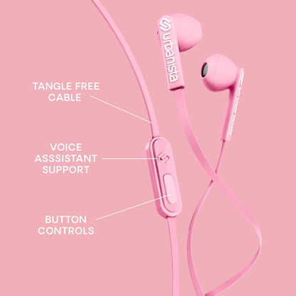 Urbanista Wired Earbuds, Tangle Free USB C Earphones Wired Call-Handling with Microphone, USB Type C Headphones Wired Stereo Input, Button Input with Voice Assistant, San Francisco, Pink