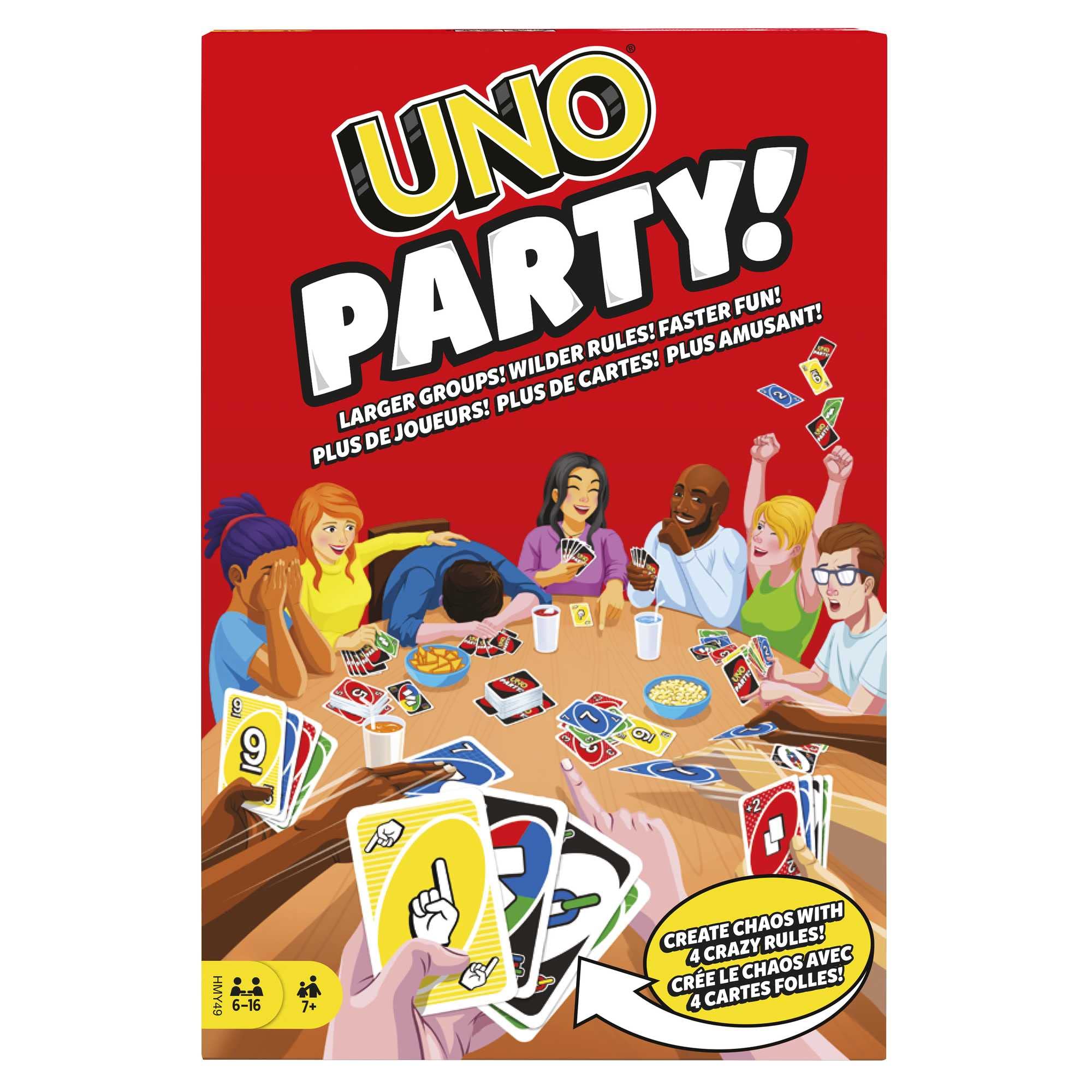 Mattel Games Juego de Cartas UNO Party! Juego de Mesa Familiar para Grupos Grandes, niños, niñas y Adultos +7 años (Mattel HMY49