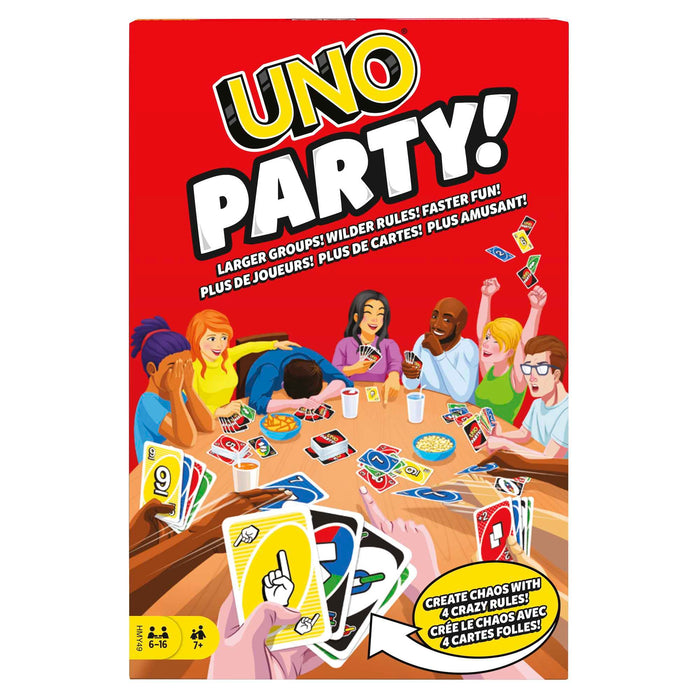 Mattel Games Juego de Cartas UNO Party! Juego de Mesa Familiar para Grupos Grandes, niños, niñas y Adultos +7 años (Mattel HMY49