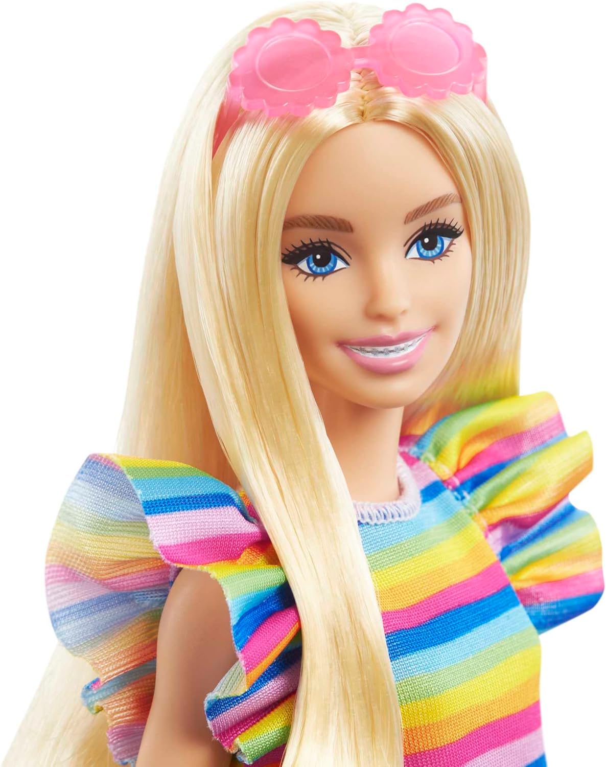 Barbie Doll, Kids Toys and Gifts, Blonde with Braces and Rainbow Dress, Barbie Fashionistas, Clothes and Accessories, HPF73 Stripey Dress