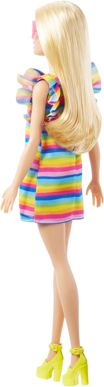 Barbie Doll, Kids Toys and Gifts, Blonde with Braces and Rainbow Dress, Barbie Fashionistas, Clothes and Accessories, HPF73 Stripey Dress