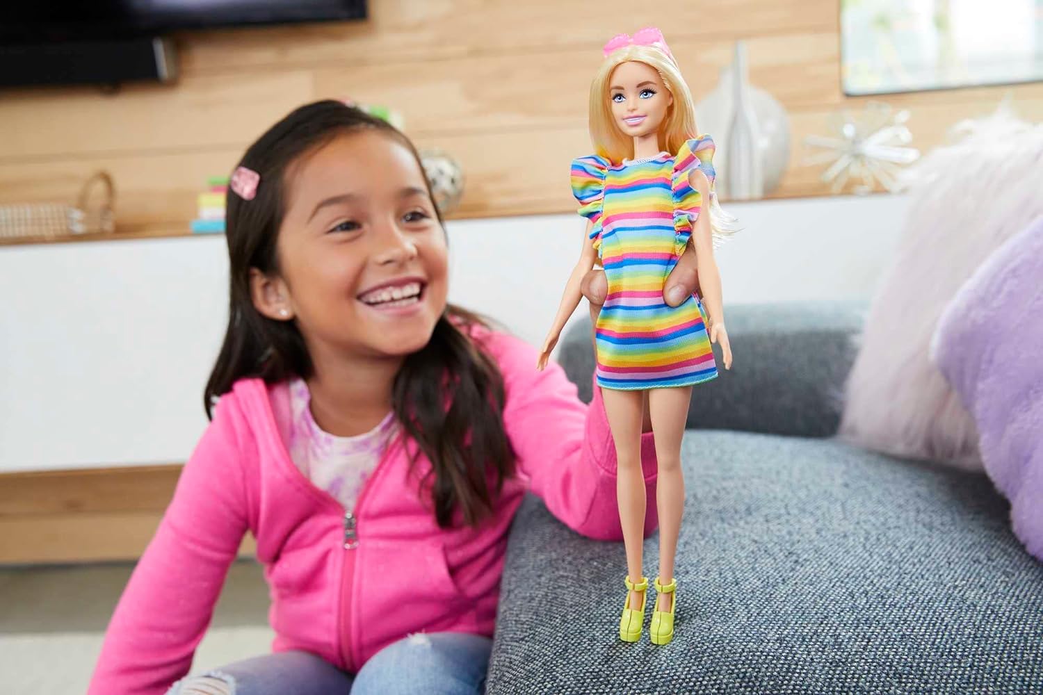 Barbie Doll, Kids Toys and Gifts, Blonde with Braces and Rainbow Dress, Barbie Fashionistas, Clothes and Accessories, HPF73 Stripey Dress