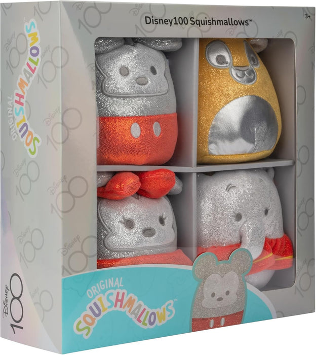 Squishmallows SQDI00233 - Disney 100 4er Pack, offizielles Set mit Winnie Puuh, Tinkerbell, Simba & Dumbo, je 12,5cm Plüschfiguren