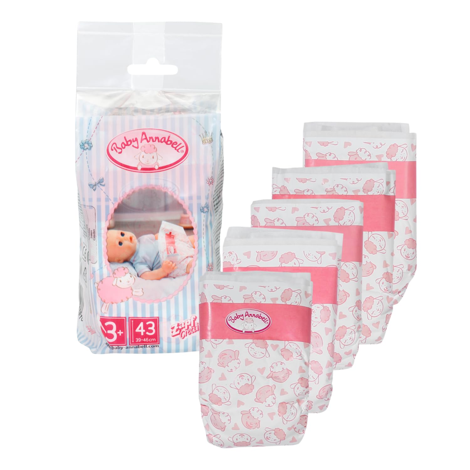 Baby Annabell Nappies for 43 cm Dolls - Easy for Small Hands, Creative Play Promotes Empathy and Social Skills, For Toddlers 3 Years and Up - 5 Pack