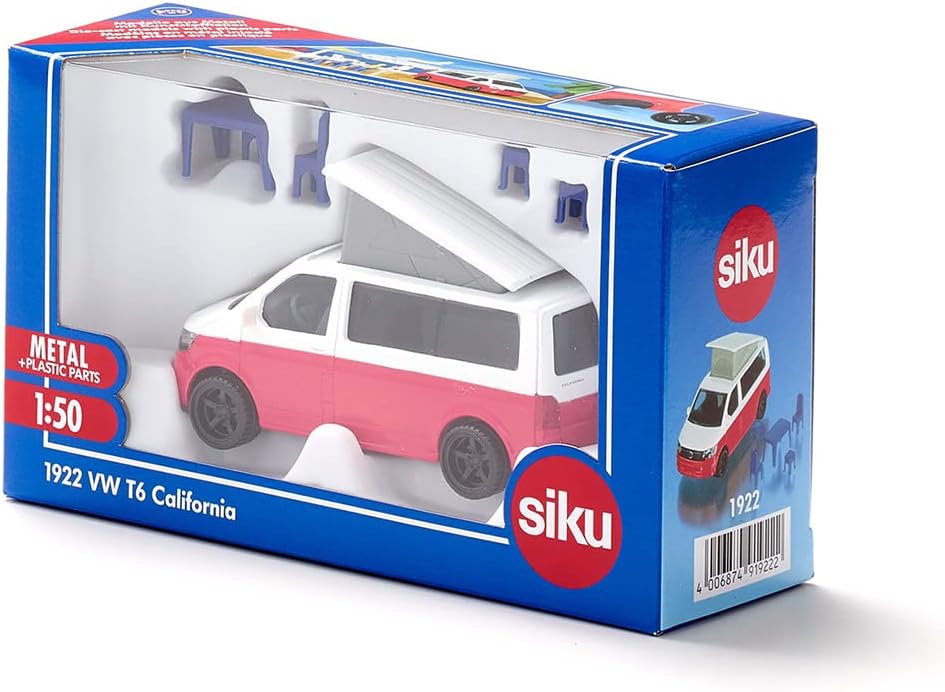 siku 1922, VW T6 California Camper, 1:50, Metal/Plastic, Red/White, Chairs, stool and folding roof
