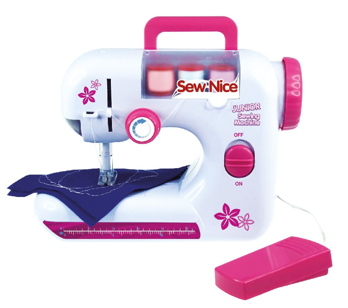 Lena 42521 - Kinder Nähmaschine, batteriebetrieben, mit Tragegriff, Fußpedal, Handrad, Schutzabdeckung, Schalter, Kontrolllampe, Kunststoff, Nähgarn, Nadel, Maßband, Nähset für Kinder ab 8 Jahre