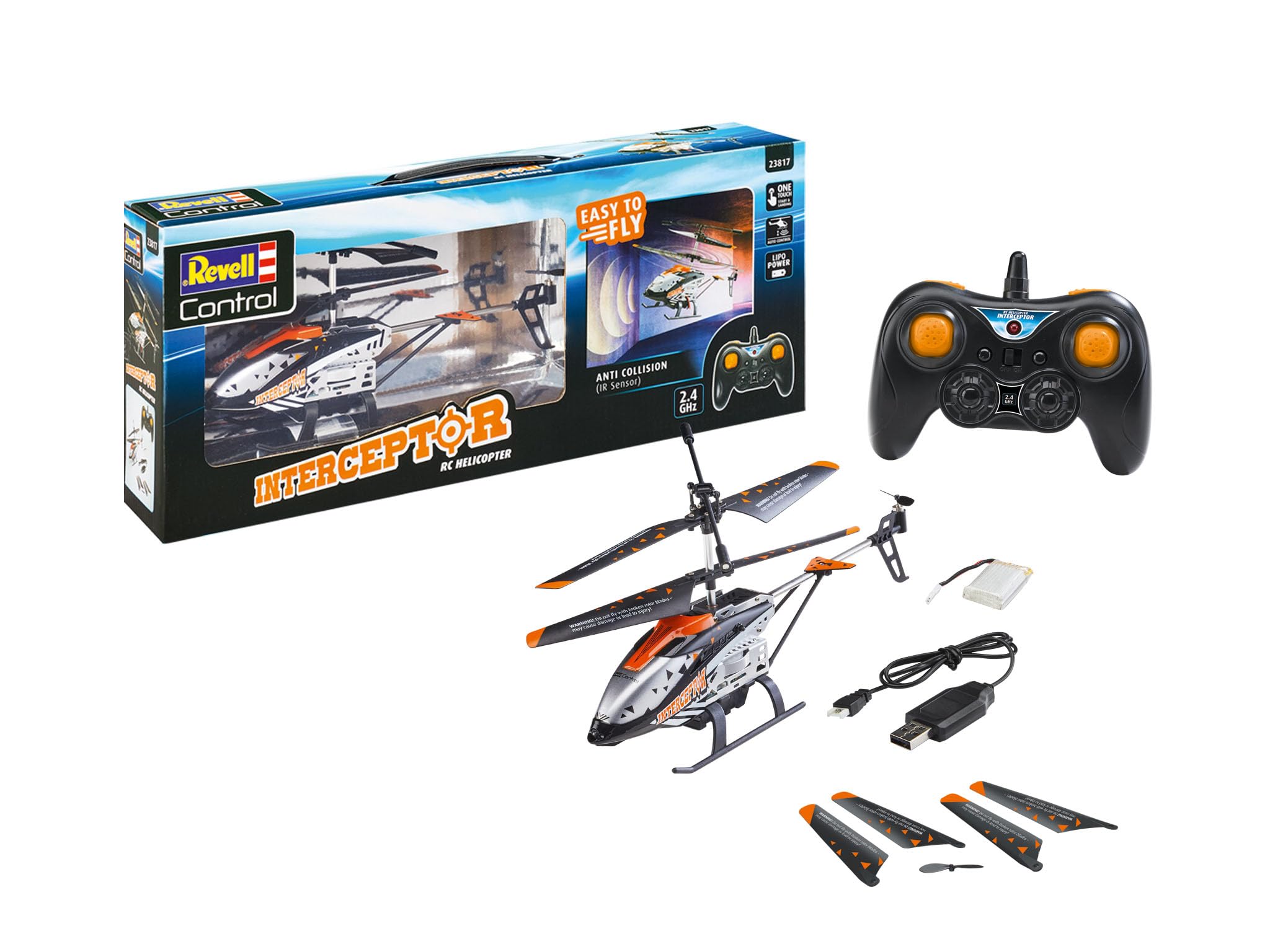 Revell Control 23817 Helicóptero a Control Remoto Interceptor Sensor anticolisión con Control preciso de 2,4 GHz, despegue y Aterrizaje con un Empuje, giroscopio de 6 Ejes, 3 Canales, Cuchillas de