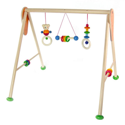 Hess Holzspielzeug 13371 - Spielgerät aus Holz, Serie Bär Henry, für Babys, handgefertigter Spielbogen mit farbenfrohen Figuren und Rasseln, ca. 62 x 57 x 55 cm altes Modell