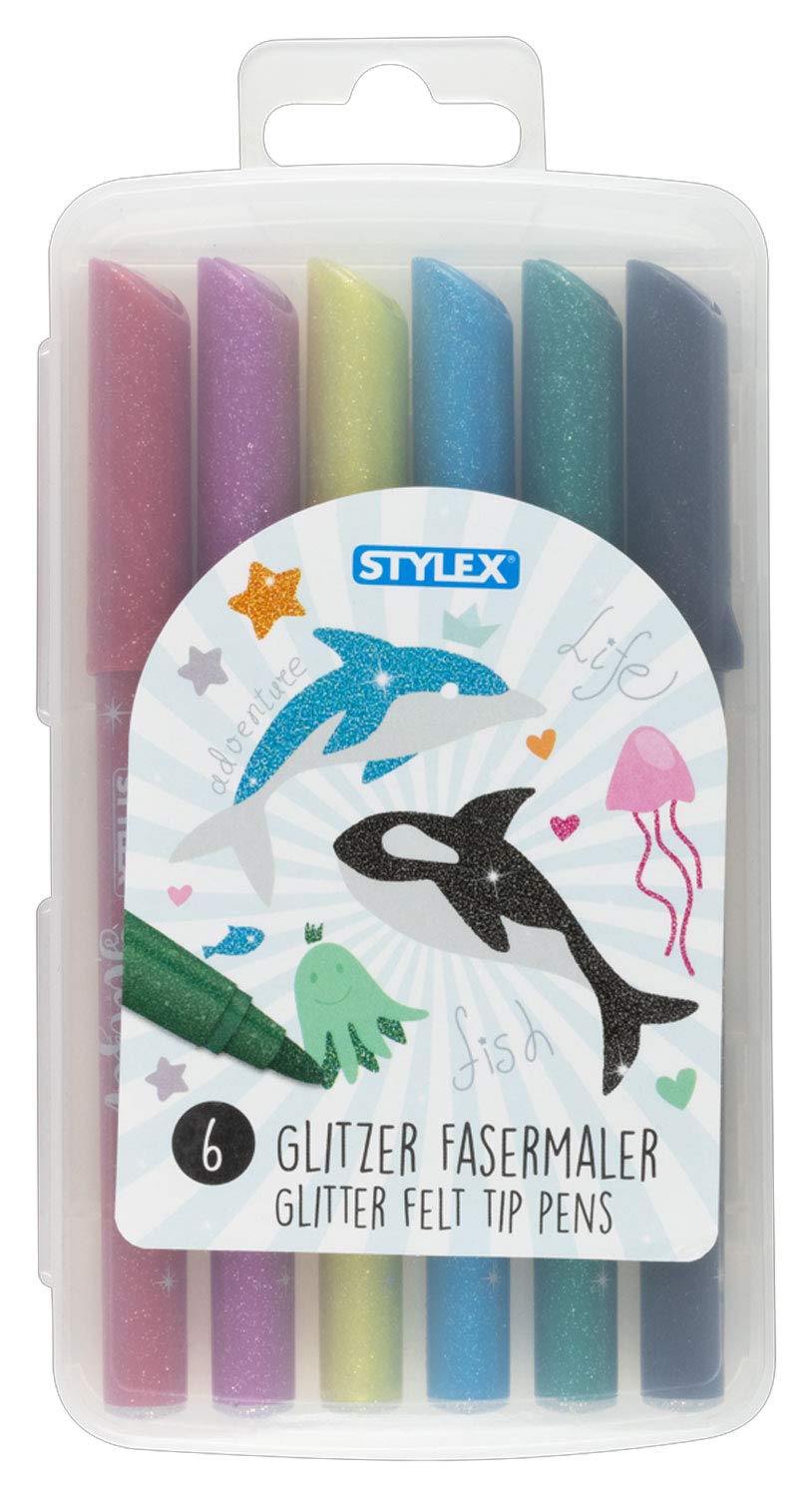 Stylex 64016 - Glitzer Fasermaler, Fasermalstifte für Kinder, 6 Farben in wiederverschließbarer Box, zum Malen, Basteln und Zeichnen