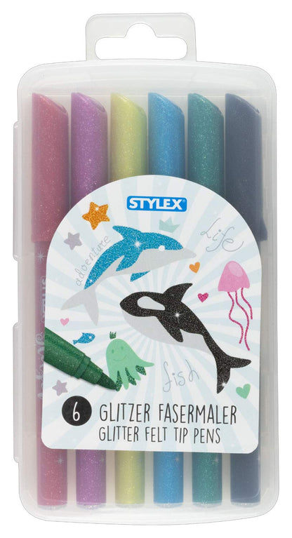 Stylex 64016 - Glitzer Fasermaler, Fasermalstifte für Kinder, 6 Farben in wiederverschließbarer Box, zum Malen, Basteln und Zeichnen
