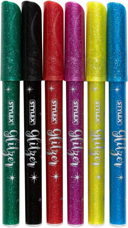 Stylex 64016 - Glitzer Fasermaler, Fasermalstifte für Kinder, 6 Farben in wiederverschließbarer Box, zum Malen, Basteln und Zeichnen