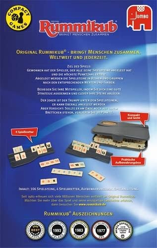 Jumbo Spiele Original Rummikub Kompakt Spiel - der Spieleklassiker als Reise-Edition - Gesellschaftsspiel für die ganze Familie, 7 Jahre+ Travel