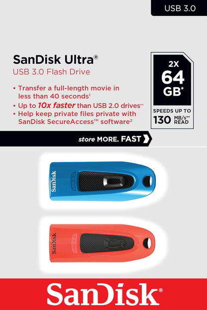 SanDisk Ultra 64GB USB Flash Drive USB 3.0 up to 130MB/s Read - Twin Pack