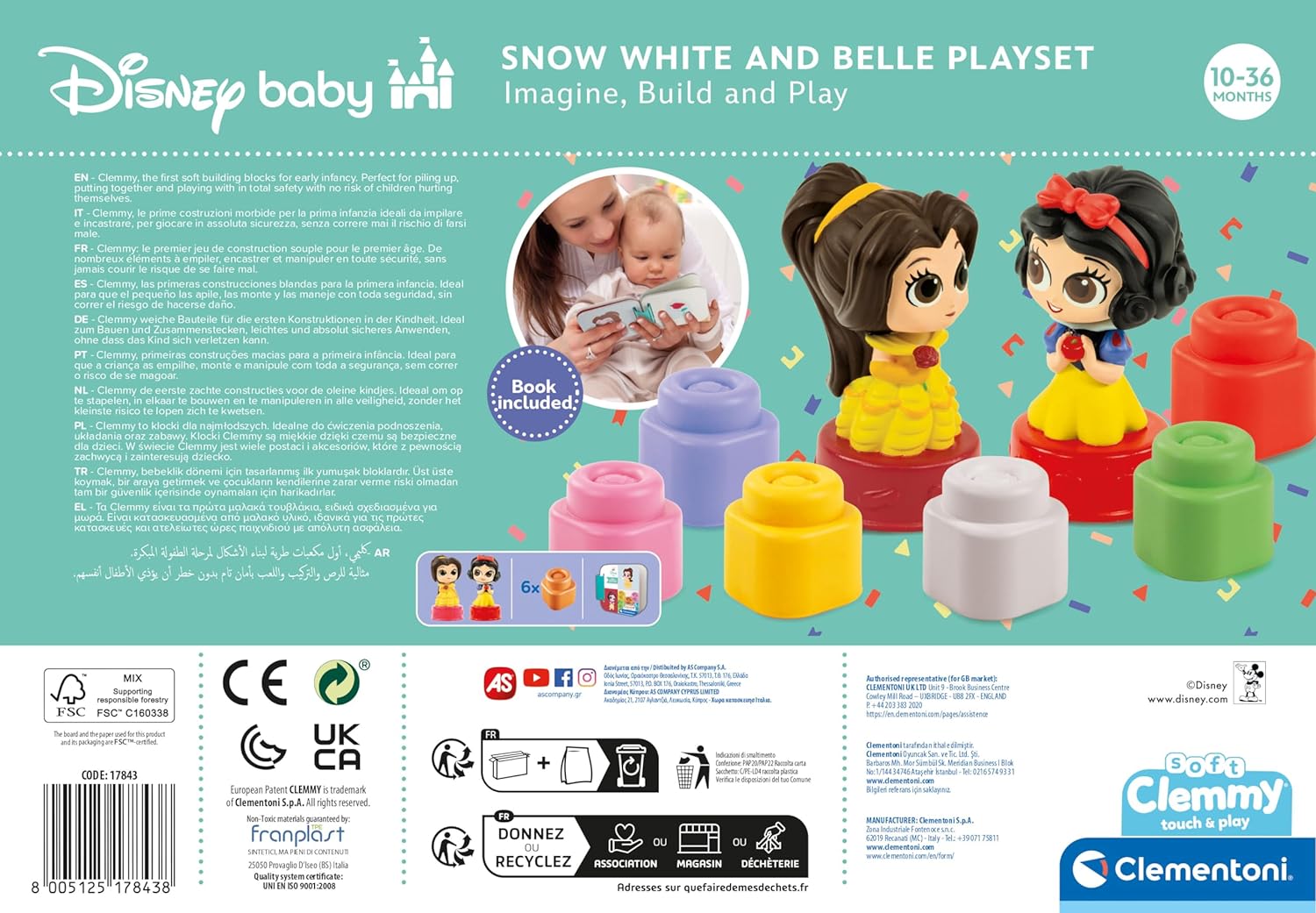 Clementoni - 17843 - Soft Clemmy Disney Princess Playset - Soft Building Blocks, Clemmy Blocks For 6 Months, Building Bricks Washable, Construction Kids, Development & Activity Toys, Made In Italy