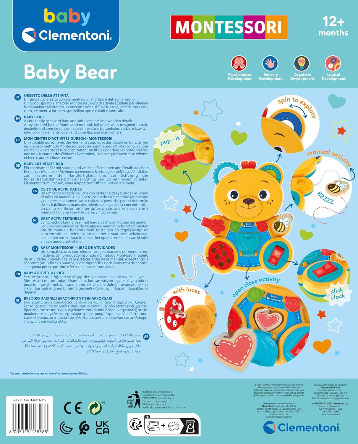 Clementoni 17856 Busy Baby Bear-Montessori, Skill Development, Learning Infant, Sensory & Activity Toys for 12 Months, Yellow