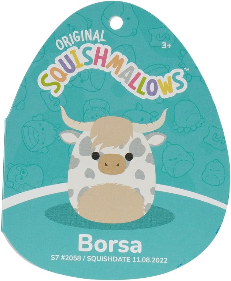 Squishmallows Originele Borsa, Koe Highland, grijs gevlekt, voegt Ainhoca toe aan je team, ultrazacht pluche dier